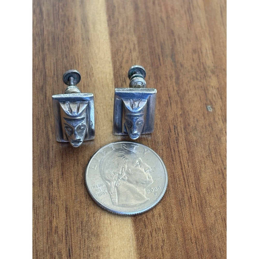 Vintage Sterling 925 Face Screwback Earrings Mexico 14.4 Grams - Picture 8 of 11